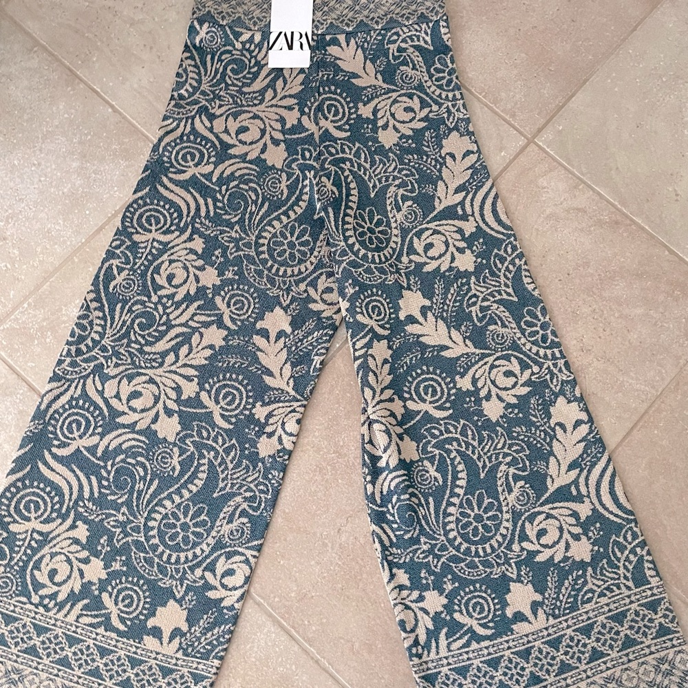 NWT ZARA TURQUOISE BEIGE JACQUARD WIDE LEG PANTS SZ S